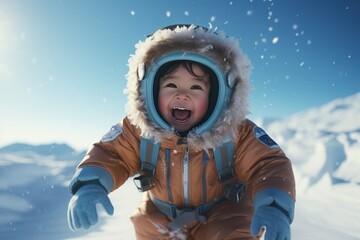 Rear shot and high angle view of a kid on snow christmas theme.