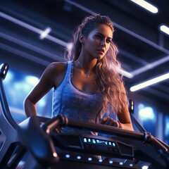Fototapeta na wymiar Sporty girl running on treadmill
