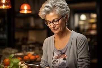 A senior woman, wearing reading glasses, attentively sets a medication reminder on her smartphone, providing a glimpse into the convergence of technology and daily living for the elderly - obrazy, fototapety, plakaty