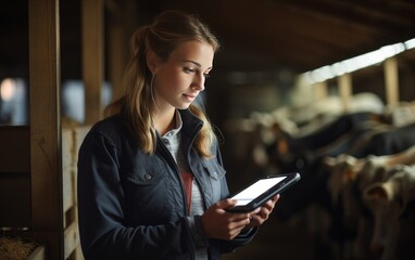 A Focused Young Woman Immerses Herself in Tablet Work.