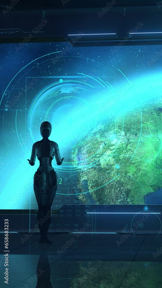 Poster the robot explores the earth from orbit, 3d render.