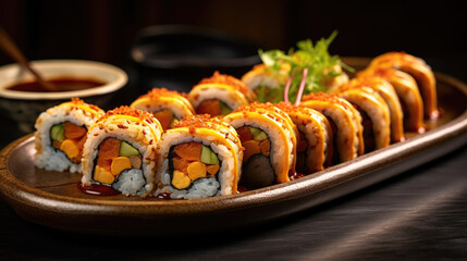 Crunchy maki o a sushi plate in restaurant. Japanese food. Generative Ai