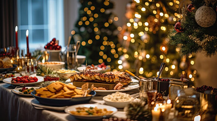 Dinner table full of dishes with food and snacks, Christmas and New Year's decor with a Christmas...