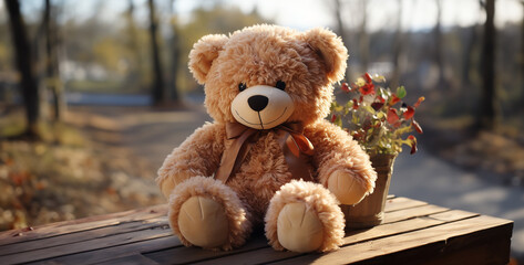 teddy bear on the bench, teddy bear smiling, teddy bear outside home