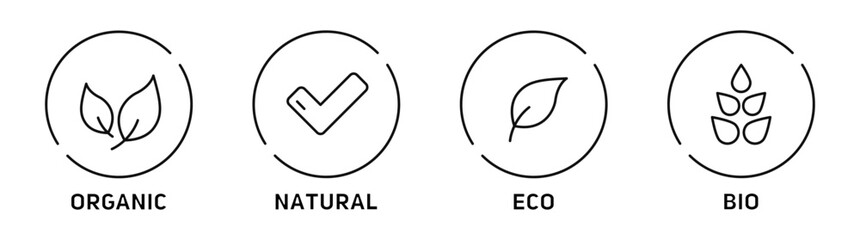 Set of icons of natural products. Concept of organics and eco-products. Vector - obrazy, fototapety, plakaty