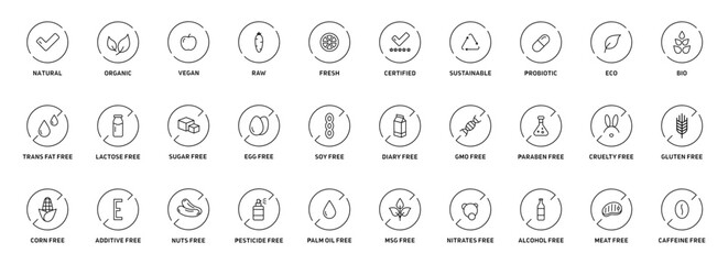 Natural products icons set. Organic. Eco-products. Without GMOs, allergens and other additives. Vector - obrazy, fototapety, plakaty