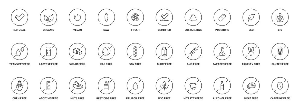 Natural products icons set. Organic. Eco-products. Without GMOs, allergens and other additives. Vector