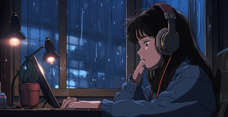 Tokyo Twilight: Anime-style Illustration of a Quiet Study, generative ai