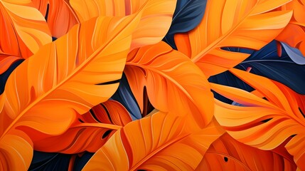Abstract Background of illustrated Tropical Leaves. Exotic Wallpaper in orange Colors