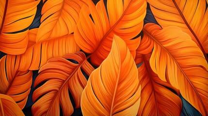 Abstract Background of illustrated Tropical Leaves. Exotic Wallpaper in orange Colors