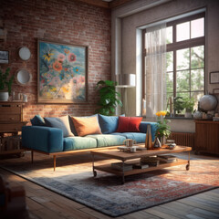 Cozy living room with brick wall scene blender 
