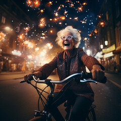 Fototapeta na wymiar An elderly woman is riding a bicycle, smiling. Under the festive fireworks.