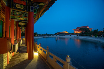 night，Eight Immortals Crossing the Sea, Huixian Pavilion, Yantai, Shandong, China
