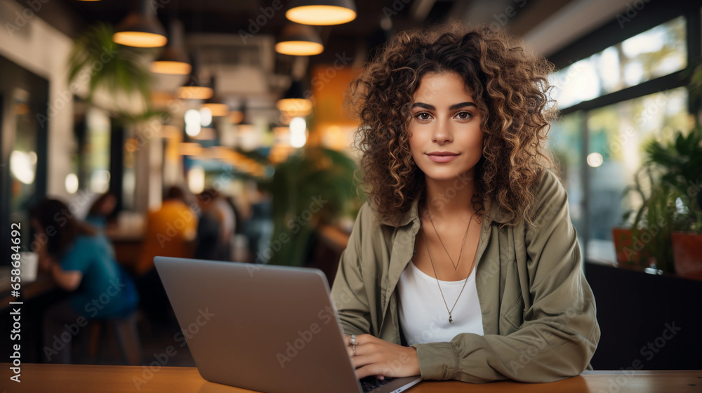 Wall mural A woman freelancer smiles, working with a laptop in a cafe. 