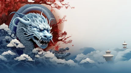 Fotobehang New Year banner , Happy chinese new year 2024 blue dragon of asian elements with year of the dragon zodiac © Atchariya63