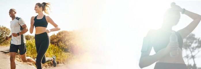 Fitness, banner or couple in nature running on trail for exercise, training or workout together....