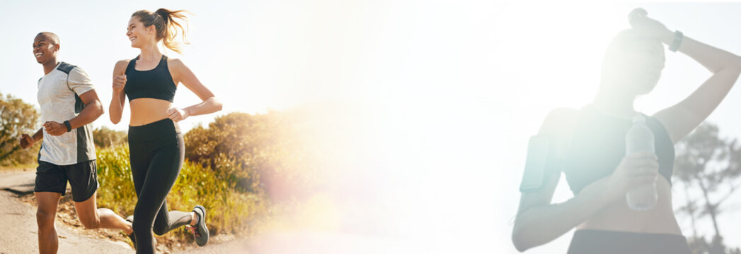 Fitness, banner or couple in nature running on trail for exercise, training or workout together. Interracial runners, mockup space or healthy athletes with sports endurance, performance or challenge