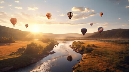 Obraz premium Group of Hot air balloons flying over beautiful landscape and river. Generative Ai