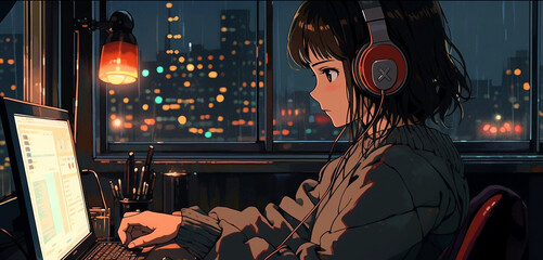 Urban Serenade: Anime-style Scene of Studying with Beats, generative ai
