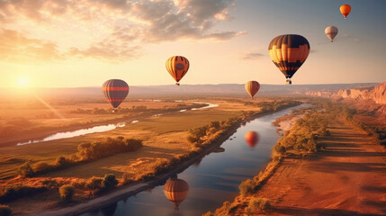Group of Hot air balloons flying over beautiful landscape and river. Generative Ai