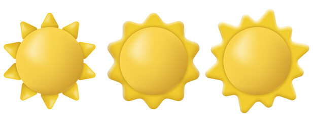 Set of 3d glossy sun icon in minimalistic cartoon style. Vector illustration.