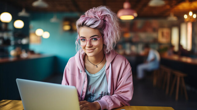 A Woman Freelancer With Pink Hair Smiles, Working With A Laptop In A Cafe. 