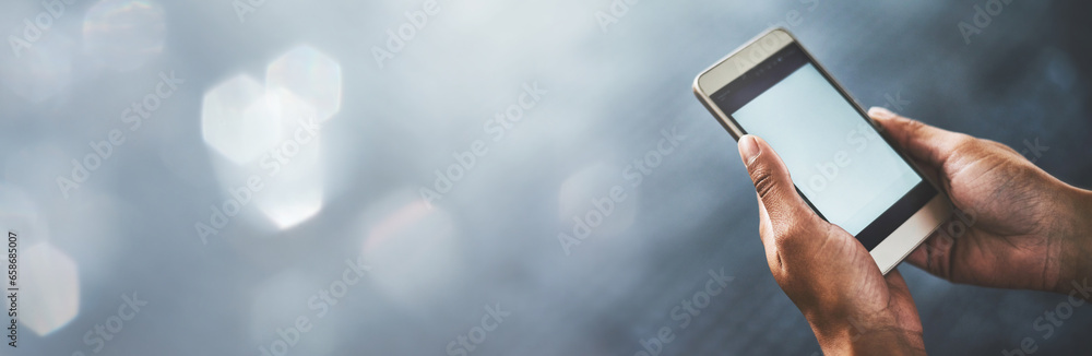 Poster Person, hands and phone screen on mockup for social media, communication or networking on banner. Closeup of user with mobile smartphone app, display or advertising technology on bokeh background