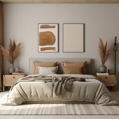  Cozy bedroom with 2 canvas mockups on a wall 
