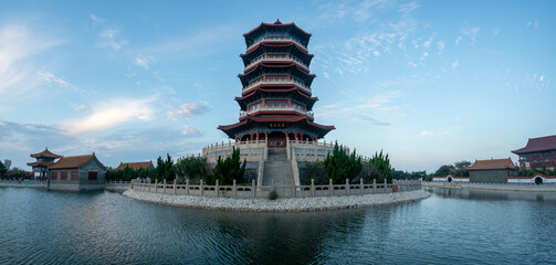 Chinese ancient architecture attic, Yingxian Pavilion, Penglai, Yantai, China