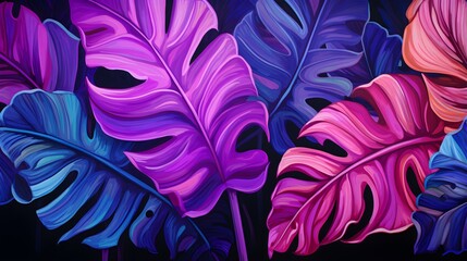 Abstract Background of illustrated Tropical Leaves. Exotic Wallpaper in purple Colors