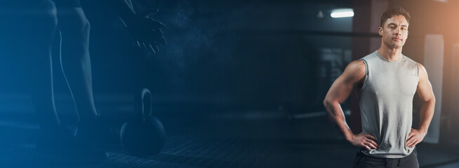 Fitness, mockup and confidence, man in gym with kettlebell workout and training commitment on banner. Info space, exercise and portrait of athlete with power challenge, motivation and double exposure