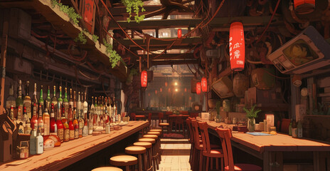 Sake Symphony: Anime-style Illustration of a Cozy Bar Scene, Generative AI