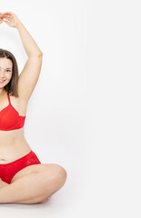 Woman Real Body Plus size Model in lingerie posign, imperfect nonideal