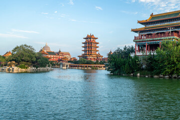 Obraz premium Palace on Lake, Beautiful Penglai San Xian Mountain, Shandong, China