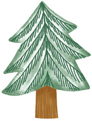 Green Christmas tree. Pine tree. Cute childish style. Hand drawn illustration isolated on white background. pastel, crayons, oil pastel and chalk painting