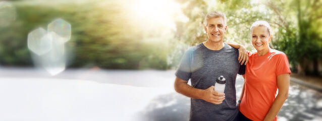 Mature, couple, portrait and fitness with mockup space and bokeh with smile from sport on road. Exercise, training and workout of a happy athlete on a street for health and wellness together outdoor