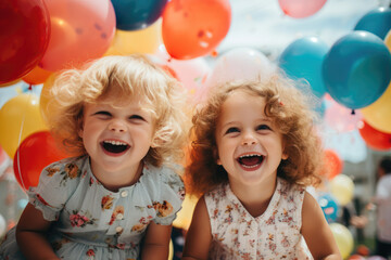 Obraz na płótnie Canvas Happy children with colored balloons having fun