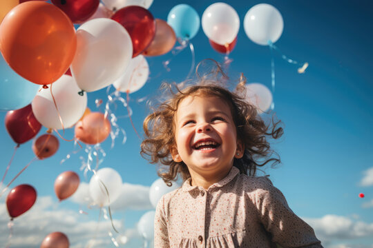 Happy child with colorful balloons outdoors