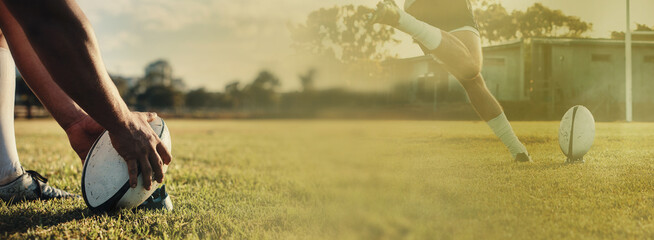 Banner, rugby kick or ball in stadium for training on double exposure, grass or mockup for sports....