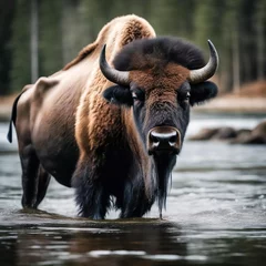 Fotobehang Buffel Bisonte bañándose en un río 