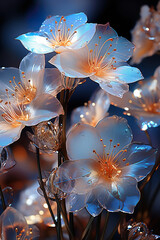 Glistening Dew on Glass Flowers: A Radiant Bouquet in the Dark,Fantasy Transparent Flower, Concept Dream Flower 3D Rendering