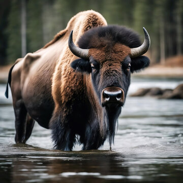 Bisonte ba&ntilde;&aacute;ndose en un r&iacute;o 