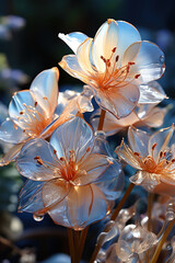 Glistening Dew on Glass Flowers: A Radiant Bouquet in the Dark,Fantasy Transparent Flower, Concept Dream Flower 3D Rendering