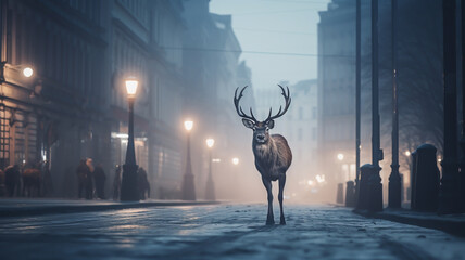 Reindeer on a foggy city street. AI generated