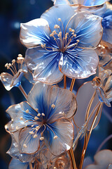 Glistening Dew on Glass Flowers: A Radiant Bouquet in the Dark,Fantasy Transparent Flower, Concept Dream Flower 3D Rendering