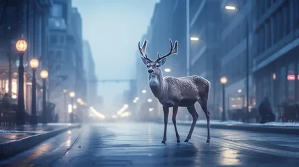 Crédence de cuisine en verre imprimé Antilope Reindeer on a foggy city street. AI generated