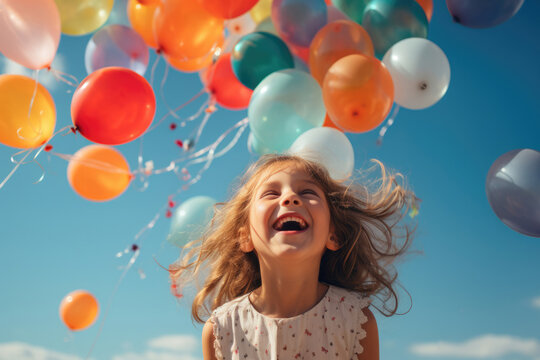 Happy child with colored air balloons on blue sky background