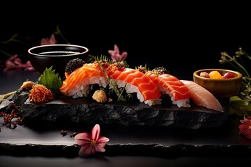In a tableau of minimalist artistry, a sushi assortment emerges boldly against a dark, unblemished background. The rich colors and subtle shine of each component, from fresh fish to creamy rice