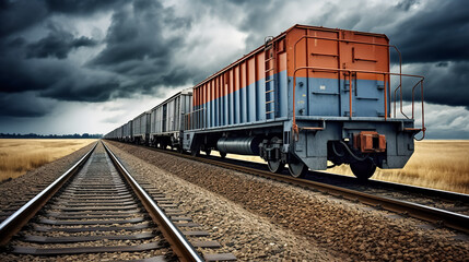 Freight train. Rear view of the last wagon of a freight train. Wagons with goods delivery.  Distribution and freight transportation using railroads.