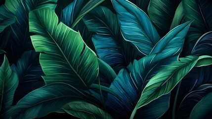 Abstract Background of illustrated Tropical Leaves. Exotic Wallpaper in turquoise Colors